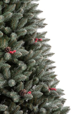 ünstlicher Weihnachtsbaum Kristallfichte. Der Baum ist leicht verschneit und mit Zapfen geschmückt.