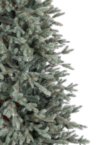 Künstlicher Weihnachtsbaum 3D Eisichte Schmal. Der Baum hat dichte silbergrüne Nadeln.