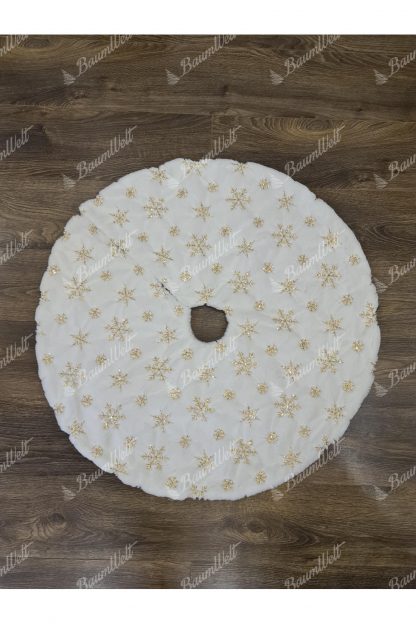 Weißer Weihnachtsbaumrock mit in gold bestickten Schneeflocken