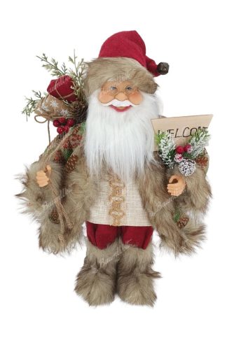 Dekoration Santa Claus creme-bordeaux 46cm, Er trägt einen Pelzmantel und hält die Dekorationen in der Hand