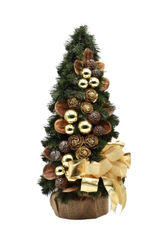 Schneebedeckter kleiner Weihnachtsbaum geschmückt Golden 50cm mit goldenen Verzierungen und Zapfen und Schleife