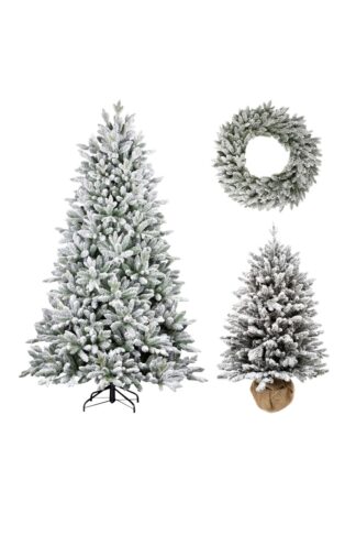 Zasnežená vianočná kolekcia 3D Smrek Kráľovský pozostávajúca z vianočného stromčeka, mini vianočného stromčeka v kvetináči a vianočného venca