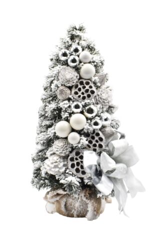 Schneebedeckter kleiner Weihnachtsbaum dekoriert Silber und Weiß 50cm mit silbernen Verzierungen und Schleife