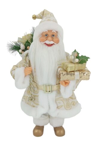 Weihnachtsdekoration Nikolaus Golden 40cm bekleidet mit einem weißen Mantel mit goldenem Muster und einem goldenen Gürtel, er hält Geschenke bereit