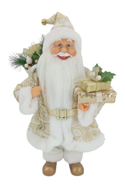 Weihnachtsdekoration Nikolaus Golden 40cm bekleidet mit einem weißen Mantel mit goldenem Muster und einem goldenen Gürtel, er hält Geschenke bereit