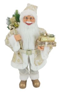 Weihnachtsdekoration Nikolaus Golden 60cm bekleidet mit einem weißen Mantel mit goldenem Muster und einem goldenen Gürtel, er hält Geschenke bereit
