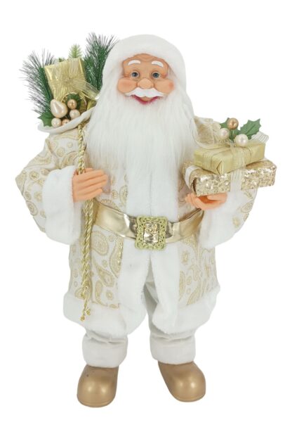 Weihnachtsdekoration Nikolaus Golden 80cm bekleidet mit einem weißen Mantel mit goldenem Muster und einem goldenen Gürtel, er hält Geschenke bereit