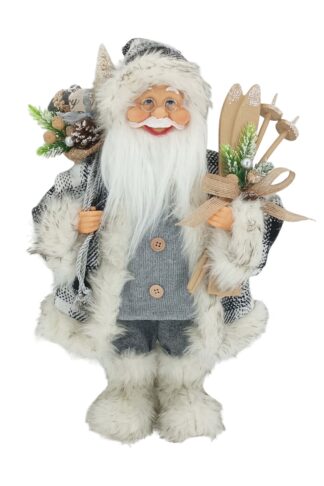 Weihnachtsdekoration Nikolaus in grau 40cm bekleidet mit einem grau gemusterten Mantel mit Pelz, er hält Skier und einen Korb voller geschenke