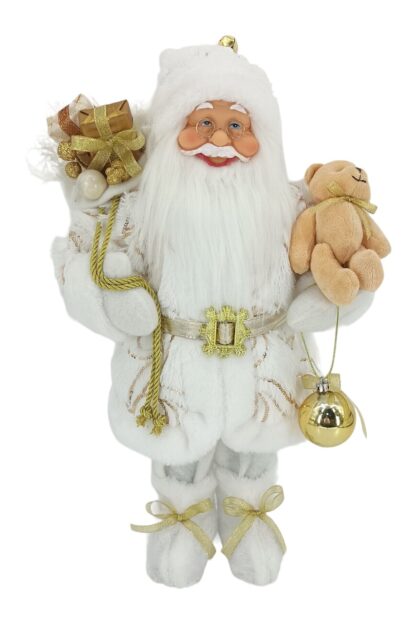 Weihnachtsdekoration Nikolaus Weiß-Gold 40cm bekleidet mit einem weißen Mantel mit goldenem Muster und einem goldenen Gürtel, Er hält ein Stofftier, eine Weihnachtskugeldekoration und einen Korb voller Geschenke
