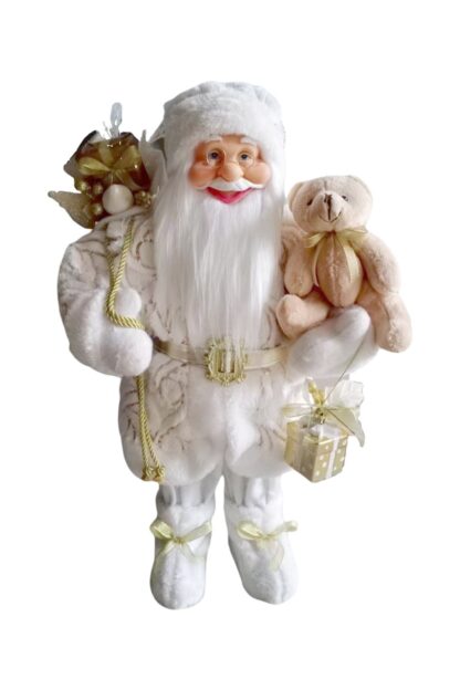Weihnachtsdekoration Nikolaus Weiß-Gold 60cm bekleidet mit einem weißen Mantel mit goldenem Muster und einem goldenen Gürtel, Er hält ein Stofftier, eine Geschenkdekoration und einen Korb voller Geschenkecm