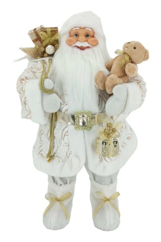 Weihnachtsdekoration Nikolaus Weiß-Gold 80cm bekleidet mit einem weißen Mantel mit goldenem Muster und einem goldenen Gürtel, Er hält ein Stofftier, eine Geschenkdekoration und einen Korb voller Geschenke