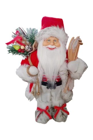Weihnachtsdekoration St. Nikolaus Rot-Weiß 40cm gekleidet in einen roten Mantel mit Pelz,darunter trägt er einen Pullover mit winterlichem Muster, er hält Skier und einen Korb voller Geschenke