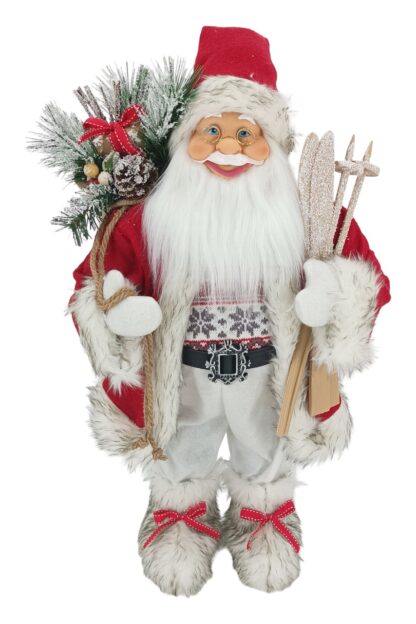 Weihnachtsdekoration St. Nikolaus Rot-Weiß 60cm gekleidet in einen roten Mantel mit Pelz,darunter trägt er einen Pullover mit winterlichem Muster, er hält Skier und einen Korb voller Geschenke