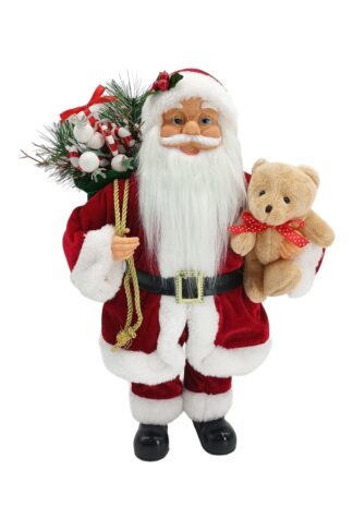 Weihnachtsdekoration St. Nikolaus Traditionell 40cm im rot-weißen Mantel mit mit schwarzem Gürtel und schwarzen Schuhen und mit weißem Bart, hält ein Stofftier und einen Korb voller Geschenke