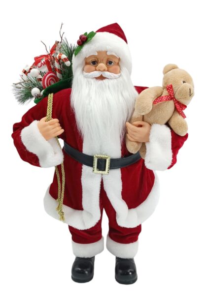 Weihnachtsdekoration St. Nikolaus Traditionell 60cm im rot-weißen Mantel mit mit schwarzem Gürtel und schwarzen Schuhen und mit weißem Bart, hält ein Stofftier und einen Korb voller Geschenke