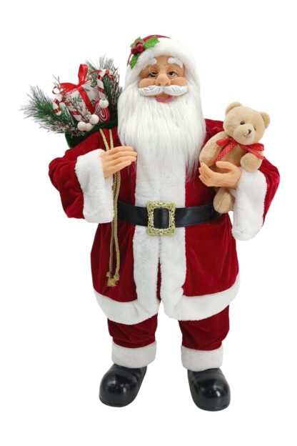 Weihnachtsdekoration St. Nikolaus Traditionell 80cm im rot-weißen Mantel mit mit schwarzem Gürtel und schwarzen Schuhen und mit weißem Bart, hält ein Stofftier und einen Korb voller Geschenke