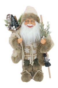 Dekoration Weihnachtsmann Crem 40cm bekleidet mit einem cremefarbenen Mantel und einer Laterne, in der Hand einen Rucksack