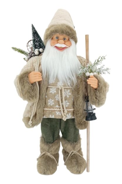 Dekoration Weihnachtsmann Crem 40cm bekleidet mit einem cremefarbenen Mantel und einer Laterne, in der Hand einen Rucksack