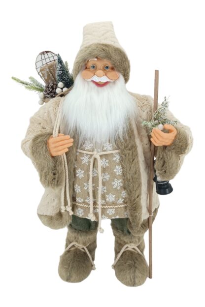 Dekoration Weihnachtsmann Crem 80cm, trägt einen cremefarbenen Pelzmantel und hält eine Laterne