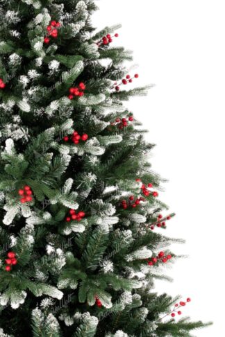 Künstlicher Weihnachtsbaum 3D Schneefichte. Der Baum hat verschneite Zweigenden und ist mit Tannenzapfen und Stechpalmenbeeren geschmückt.