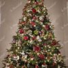 Künstlicher Weihnachtsbaum FULL 3D Kaukasus-Tanne 240cm, ist mit roten und weißen Dekorationen verziert