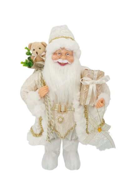 Dekoration Weihnachtsmann Weiß 40cm Er trägt einen weißen Mantel mit goldenen Verzierungen und Borten, er trägt weiße Schuhe. Sie hat einen langen weißen Bart, eine Brille und hält ein Geschenk in der Hand