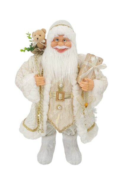 Dekoration Weihnachtsmann Weiß 60cm Er trägt einen weißen Mantel mit goldenen Verzierungen und Borten, er trägt weiße Schuhe. Sie hat einen langen weißen Bart, eine Brille und hält ein Geschenk in der Hand