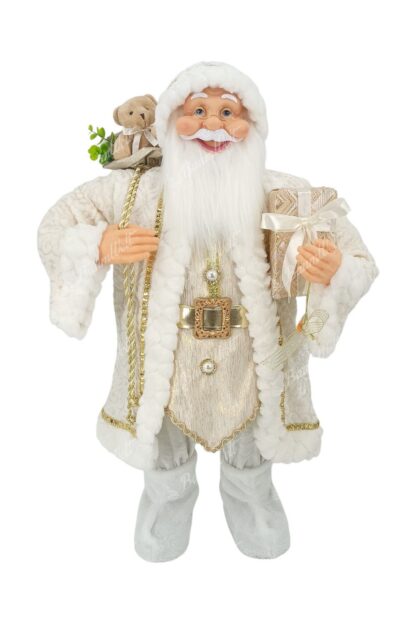 Dekoration Weihnachtsmann Weiß 80cm Er trägt einen weißen Mantel mit goldenen Verzierungen und Borten, er trägt weiße Schuhe. Sie hat einen langen weißen Bart, eine Brille und hält ein Geschenk in der Hand