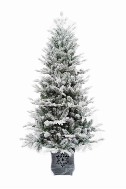 Künstlicher Weihnachtsbaum 3D Polarfichte im Topf er hat dick verschneite Zweige und steht in einem schönen Topf